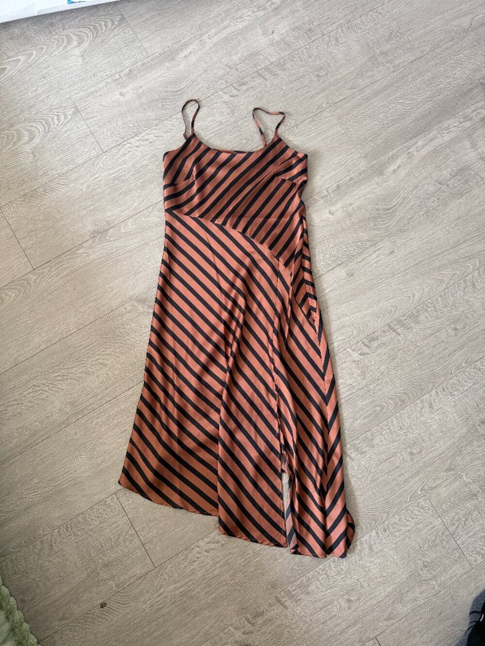 A New Day Satin Striped Slip Midi Dress Women’s Size XS Brown Black Asymmetrical